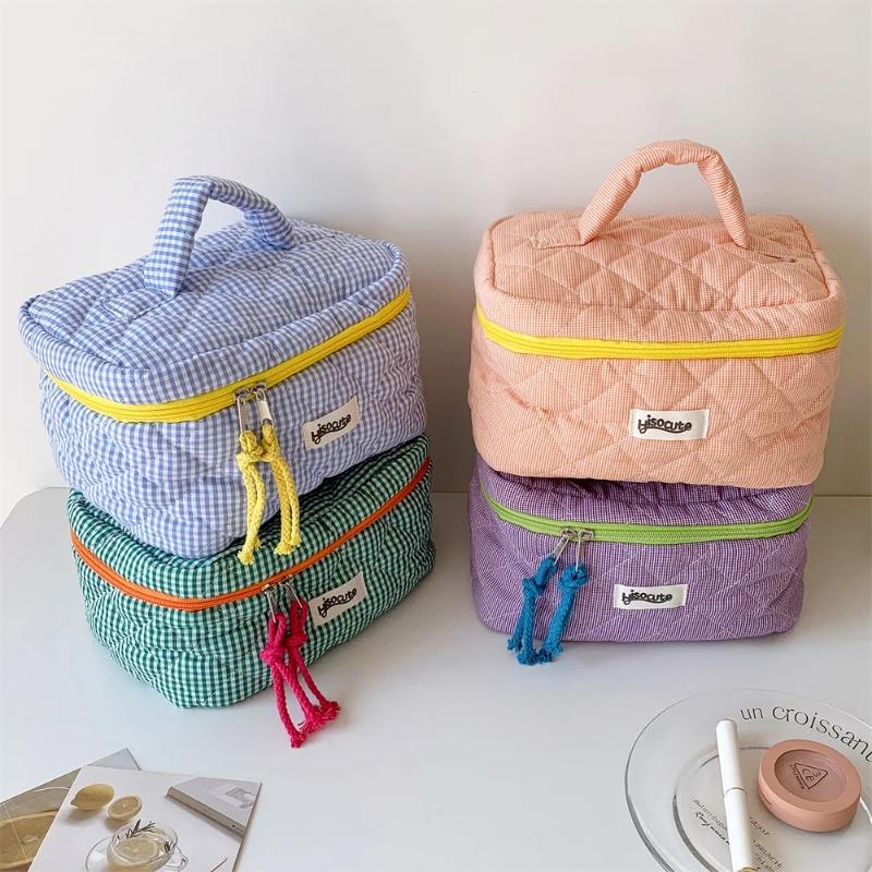 3pcs/Set Plaid Cosmetic Bag Set Simple Style Large Capacity Portable Cosmetic Tools Storage Bag for Home Bathroom Toiletry Bag