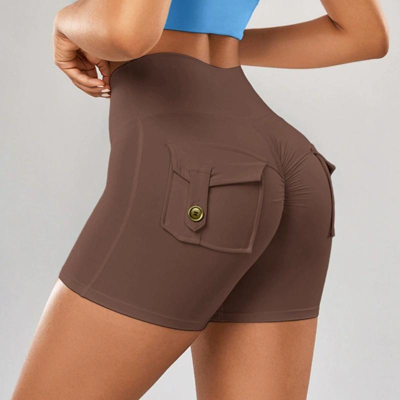 Women Cargo Pockets High Waist Yoga Shorts High Stretch Buttocks Quick Dry Sports Running Gym Pants