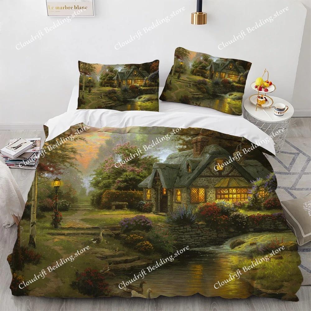 Oil Painting King Queen Duvet Cover Vintage Building Landscape Bedding Set for Adults Retro Art microfiber Quilt Cover