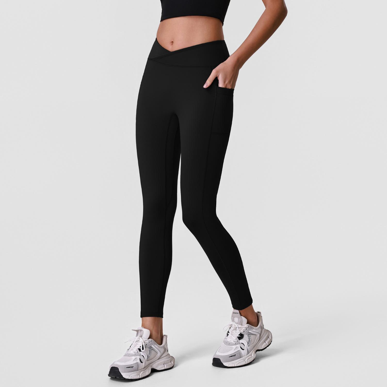 Women s High Waist Crossover V Waist Yoga Leggings with Side Pockets Nude Feel Butt Lifting Workout Pants S