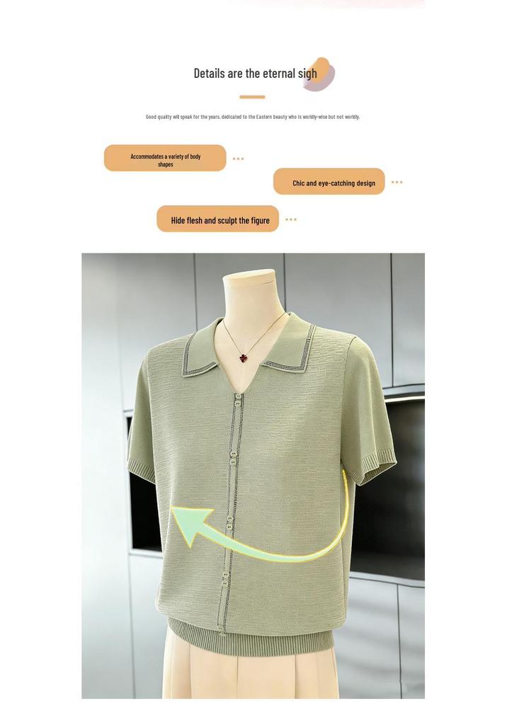 Chic Rhinestone Embellished Short-Sleeve Ice Silk Blouse for Middle-Aged Women - Plus Size Summer Lapel Top