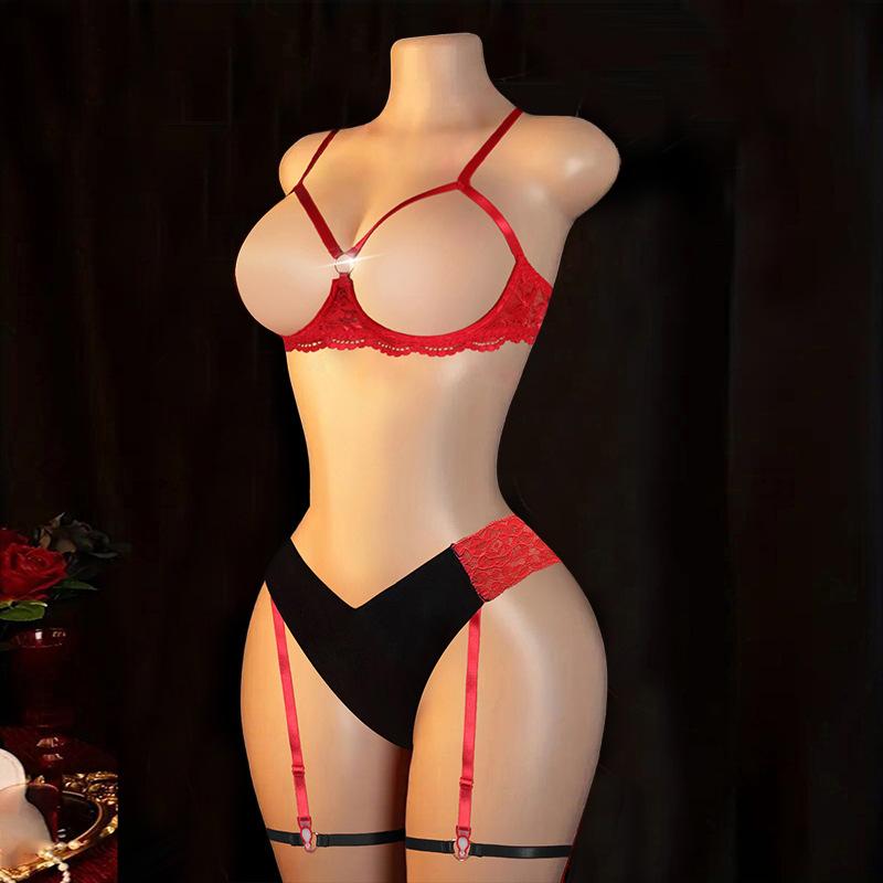 Sexy Women's Bra Panties Lace Set with Leg Rings Neck Rings Sex Underwear