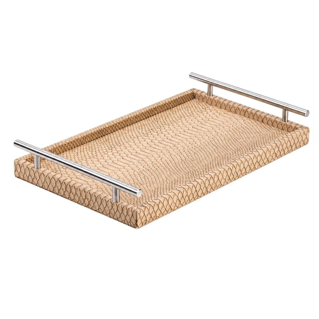 Embossed Leather Tray with Raised Edge Versatile Rectangular Decorative Handles Elegant