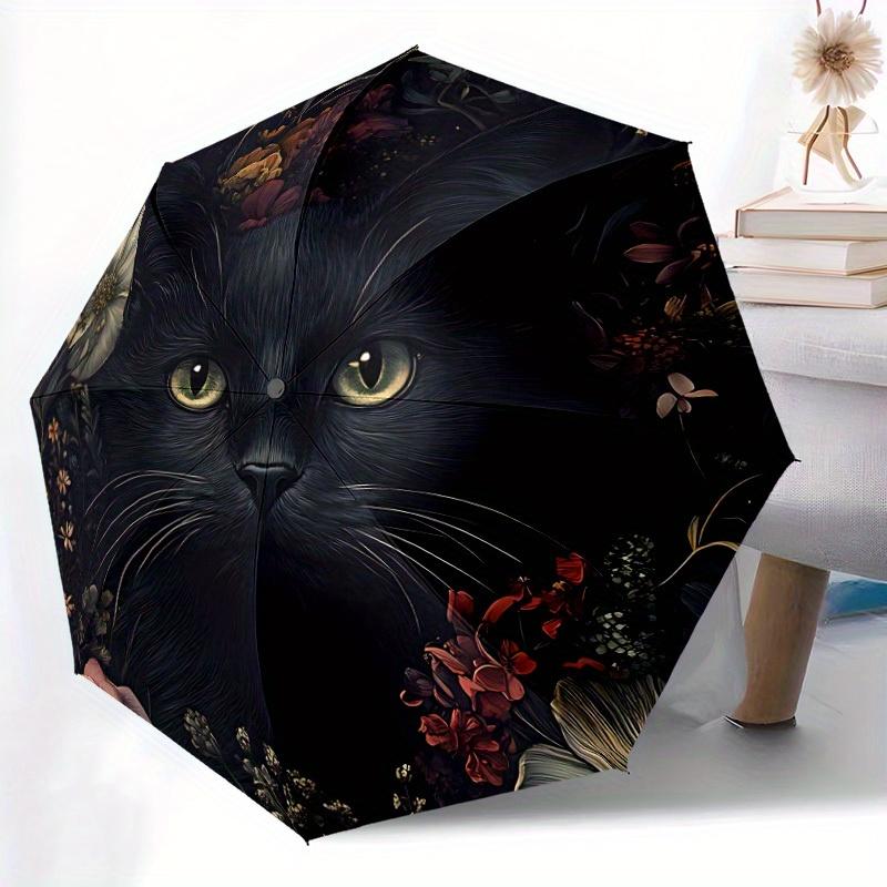 1 Stück Schwarze Katze Blumenmuster Automatischer Öffnungs-/Schließ-Faltregenschirm, Kompakter Tragbarer Reise-Regenschirm, Perfekt für Geburtstag/Weihnachten, Niedlicher Regenschirm