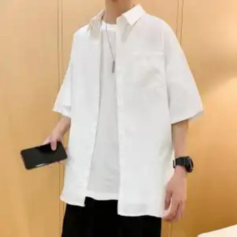 Simplicity Handsome Turn-down Collar Solid Shirts Loose Short Sleeve Button Business Casual Young Style Fashion Men's Clothing