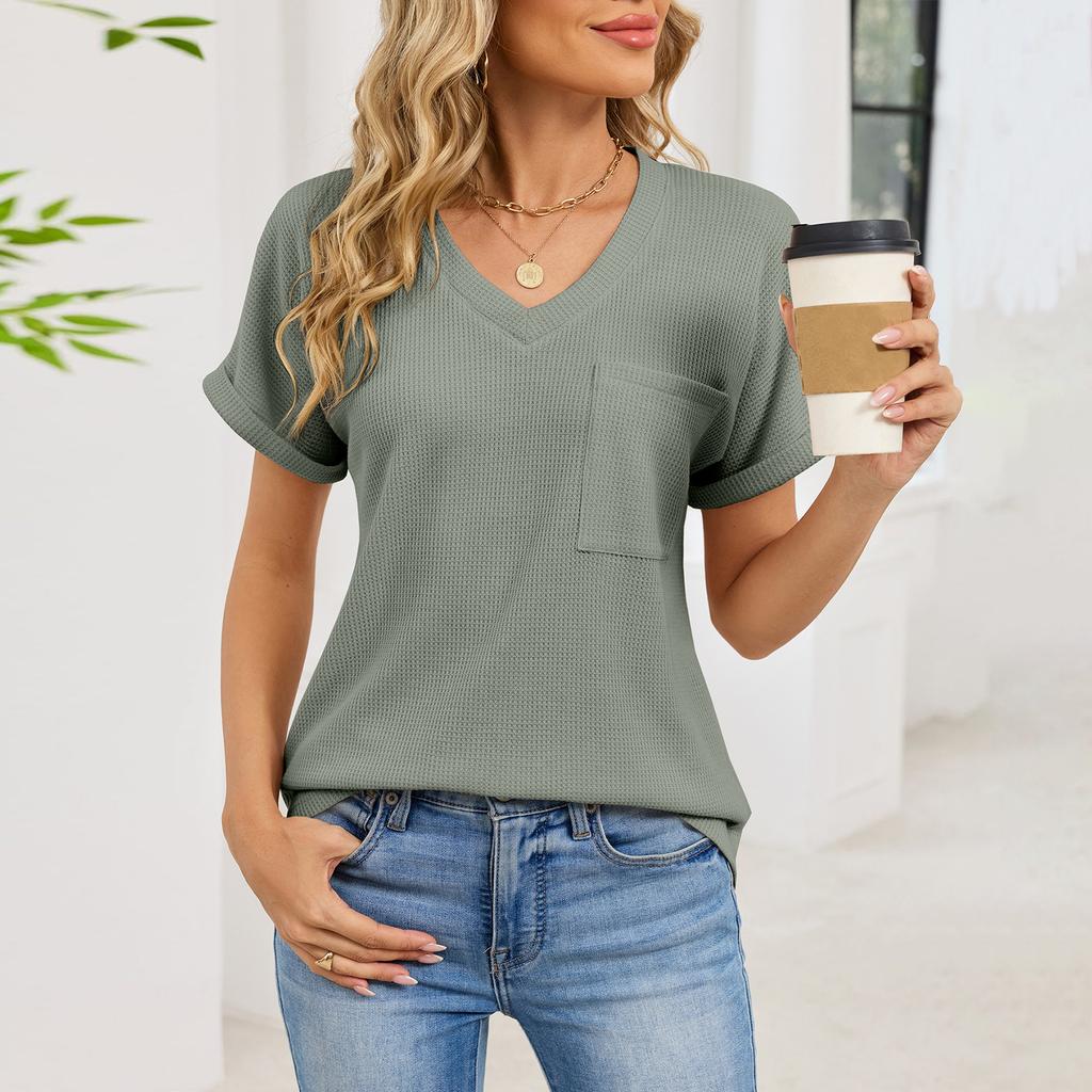 Women's Fashion Color V-neck Pocket Short Sleeved Pullover T-shirt Top
