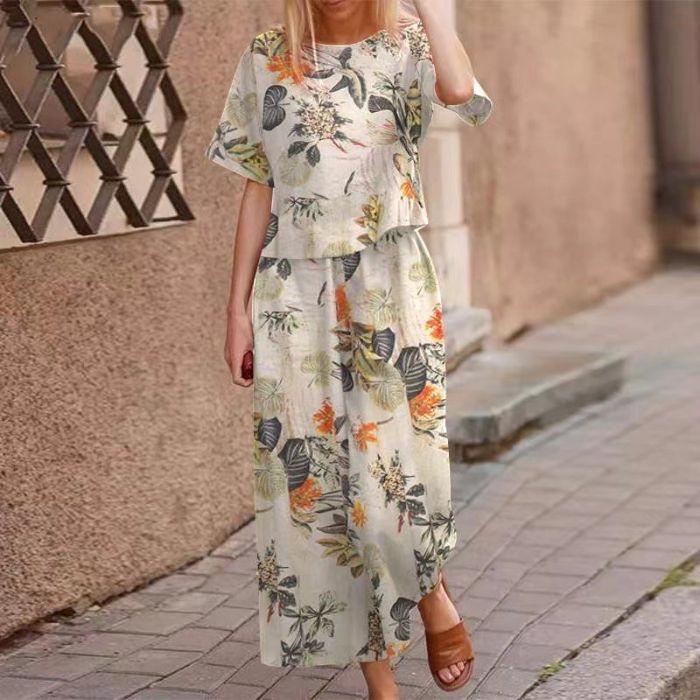 Summer Short-sleeved Cotton and Linen Two-piece Women's Casual Printed Trousers Suit