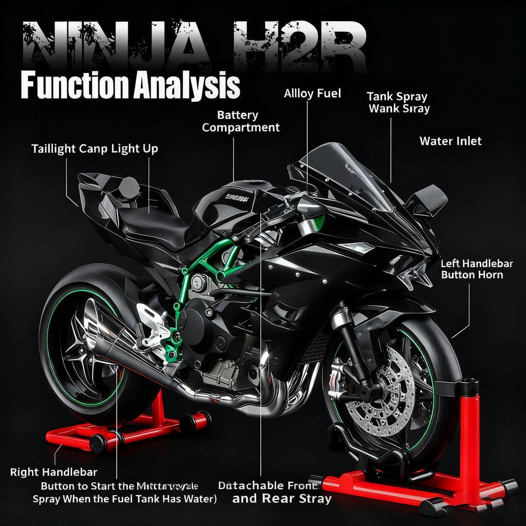 1/9 Kawasaki Ninja H2R with Spray Alloy Motorcycle Model Toy Vehicle Collection Sound and Light Off Road Autocycle Toys Car