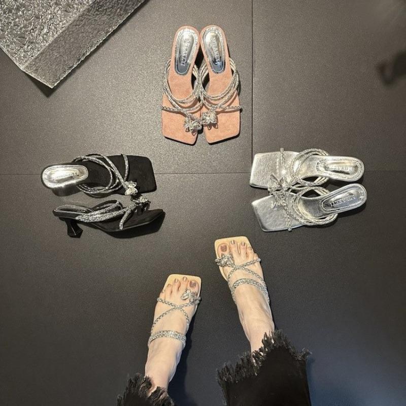 

High heels women s summer new rhinestone one-word sandals fashion square head stiletto toe slippers 40 шампанского