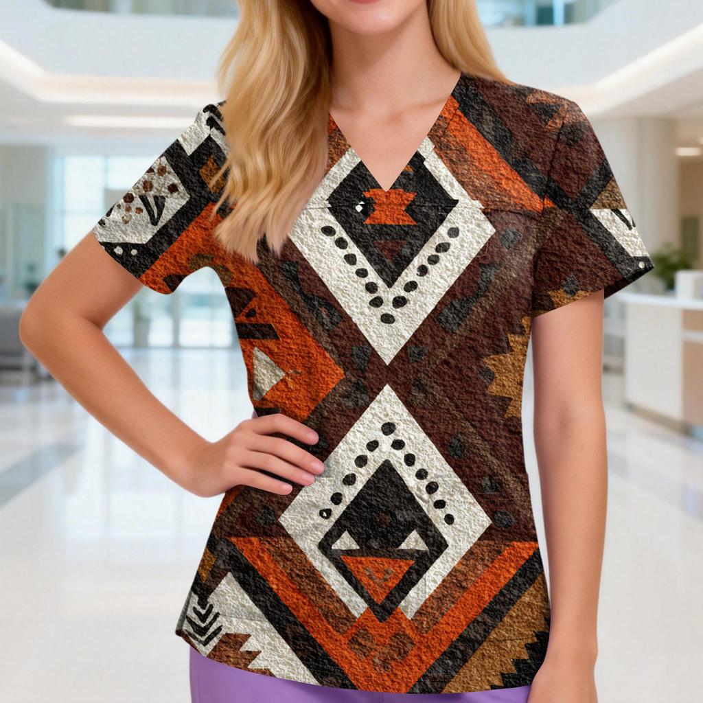 Damen V-Ausschnitt Drei-Taschen Kurzarm Retro-Print Uniform/Pflegekraft Oberteil Mit Schlitzen Am Saum