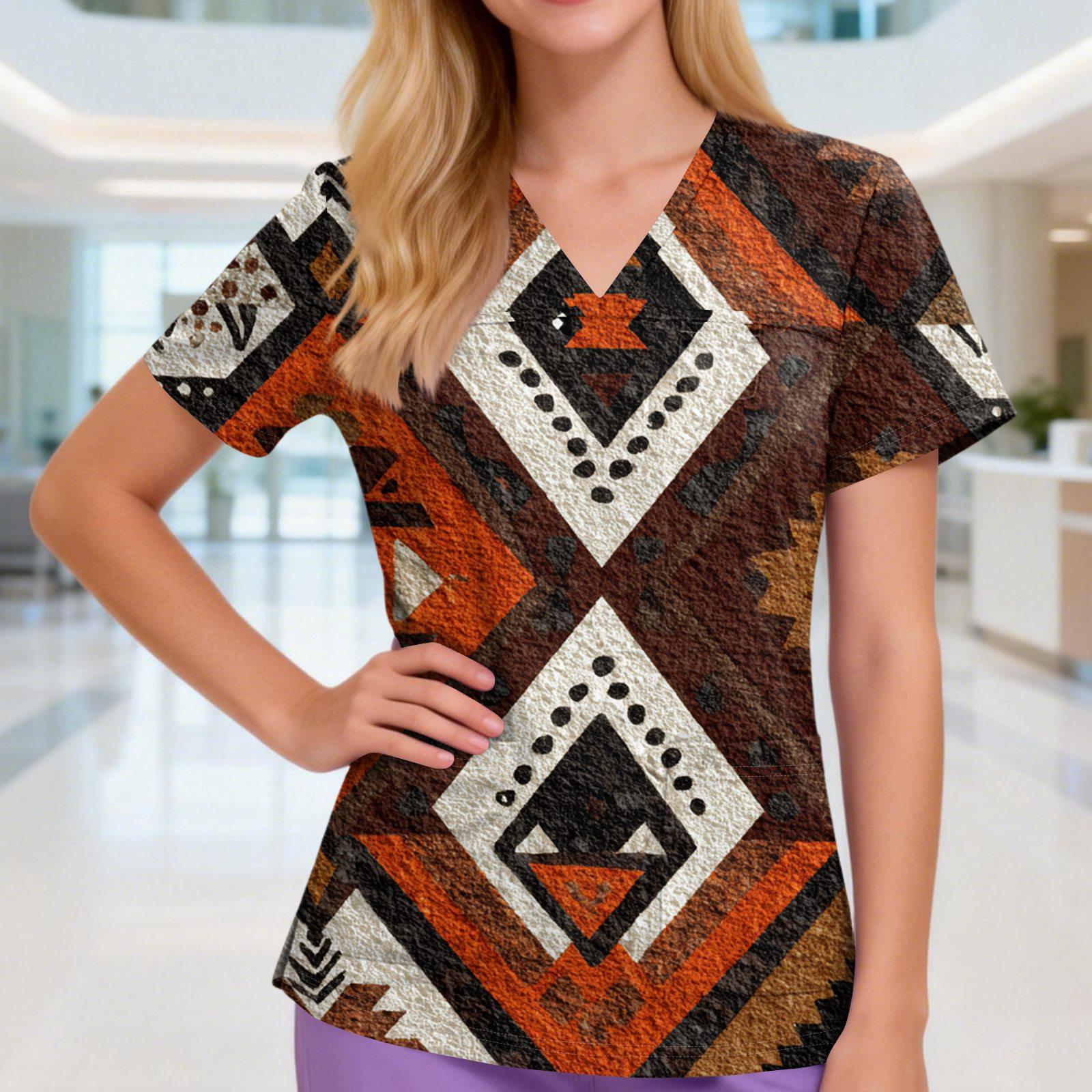 

Жіночий топ ретро-принт, з V-подібним вирізом, трьома кишенями, коротким рукавом, для медперсоналу/доглядальниці, з розрізами по низу XXXXXL