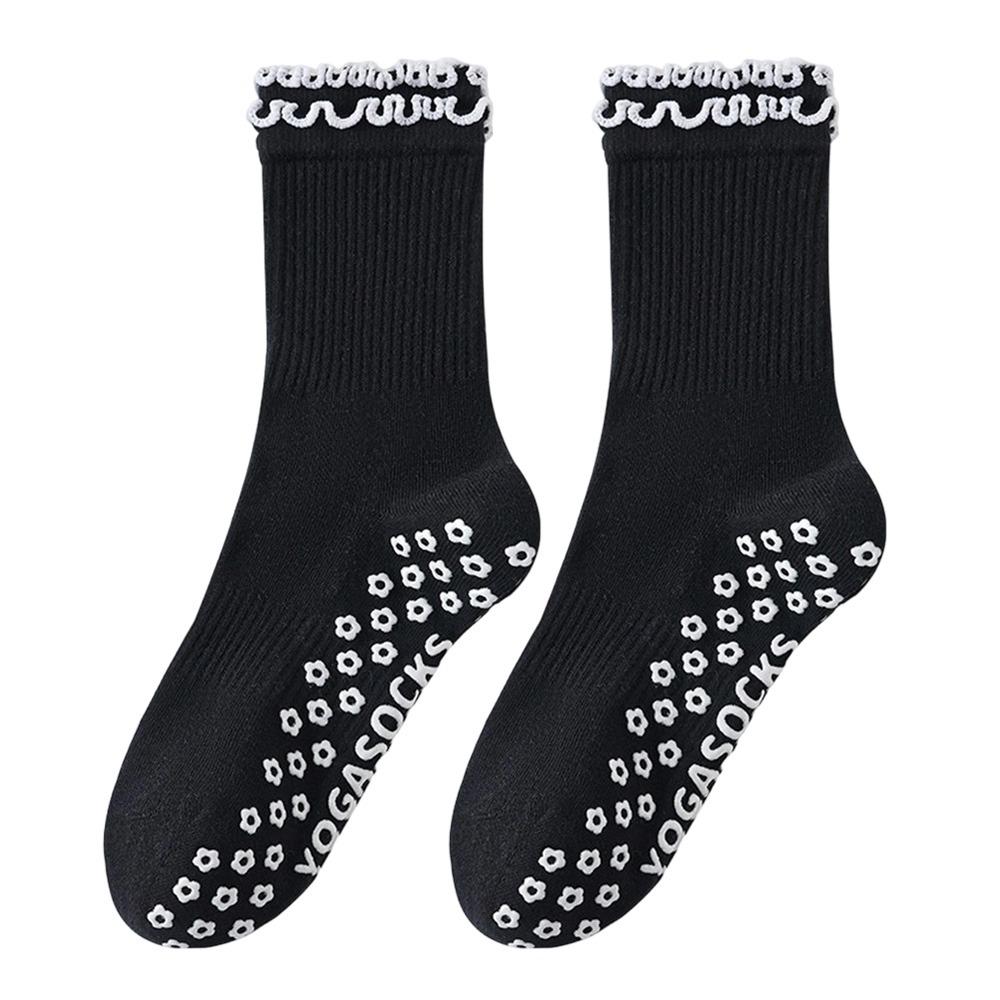 

Cotton Pilates Socks for Women Non-Slip Breathable Yoga Socks Double Ruffled Edge Silicone Sole Mid Tube Socks for Yoga Dance One Size чорний