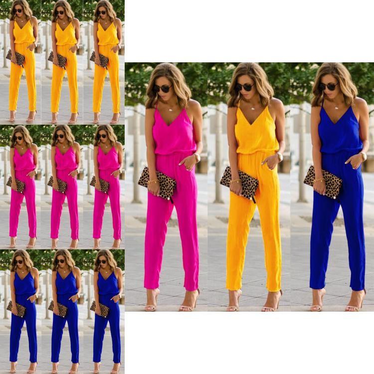 Elegant Damers Spaghetti Stropper Vide Ben Bodycon Jumpsuit Med V-hals Romper Bukser
