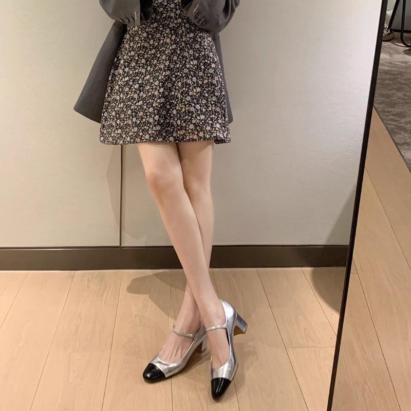 [] Heel height cm~ color matching lambskin thick heel Mary Jane single shoes women's commuting ol