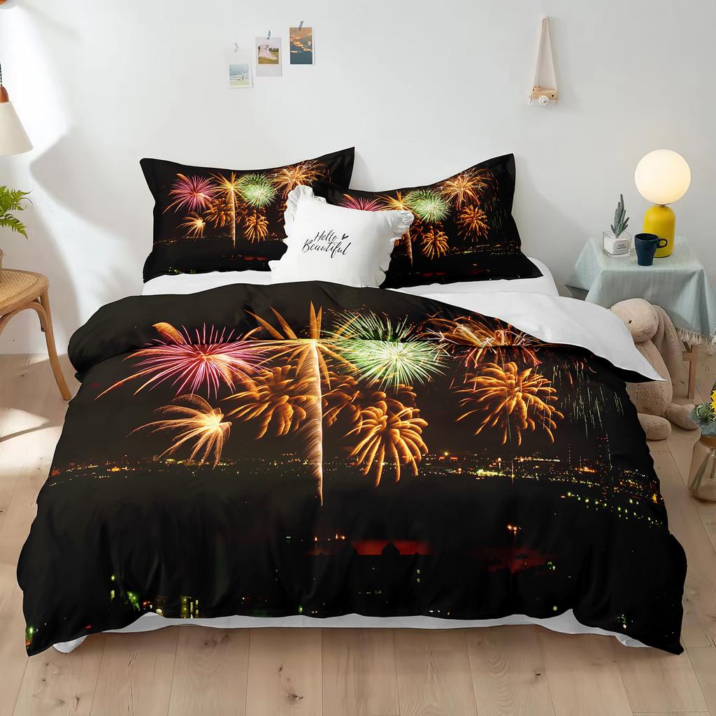 Blue Fireworks Duvet Cover Set 3D Romantic Theme Beautiful City Night New Year Festival Accessories for Kids Teens Bedroom Decor