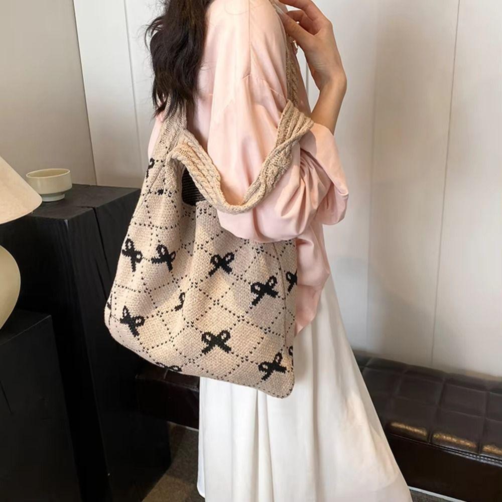 Soft Bow Knitting Shoulder Bag Sweet Casual Woven Handbag Elegant Beach Bag Vacation