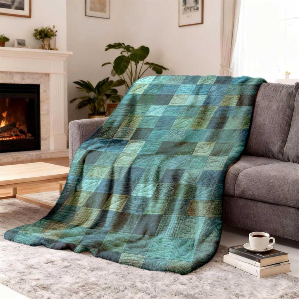 Soft And Warm Blue Green Geometric Patchwork Flannel Blanket, Lightweight for All Seasons