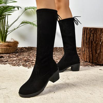2024 Black Lace-up Women's Boots Casual Retro Women Mid Calf Chunky Heel Shoes Autumn Winter Suede Round Toe High Boots
