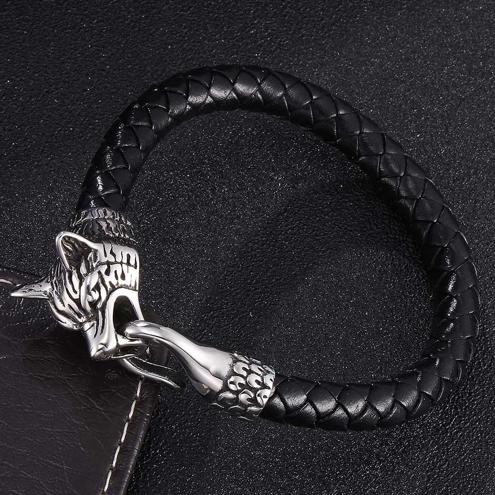 

Stylish Wolf Head Braided Leather Bracelet Inner Circle 205mm [Straightened Length 235mm]