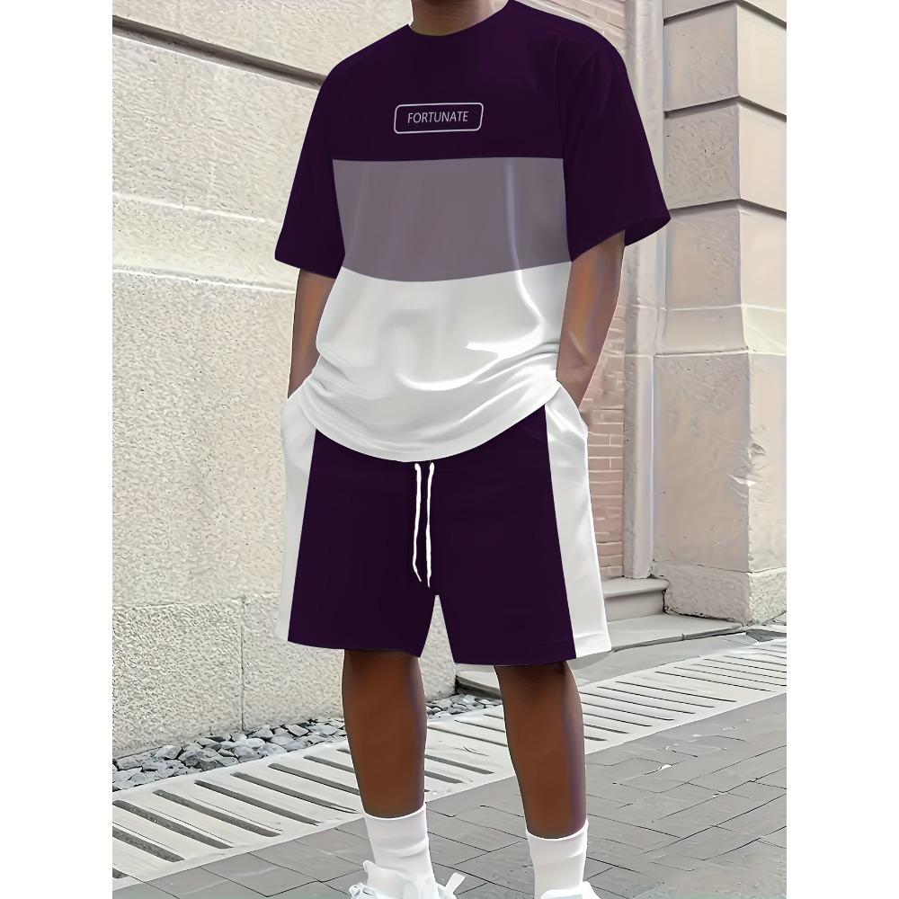 3D letter printed fashionable three color men's summer fresh T-shirt shorts set