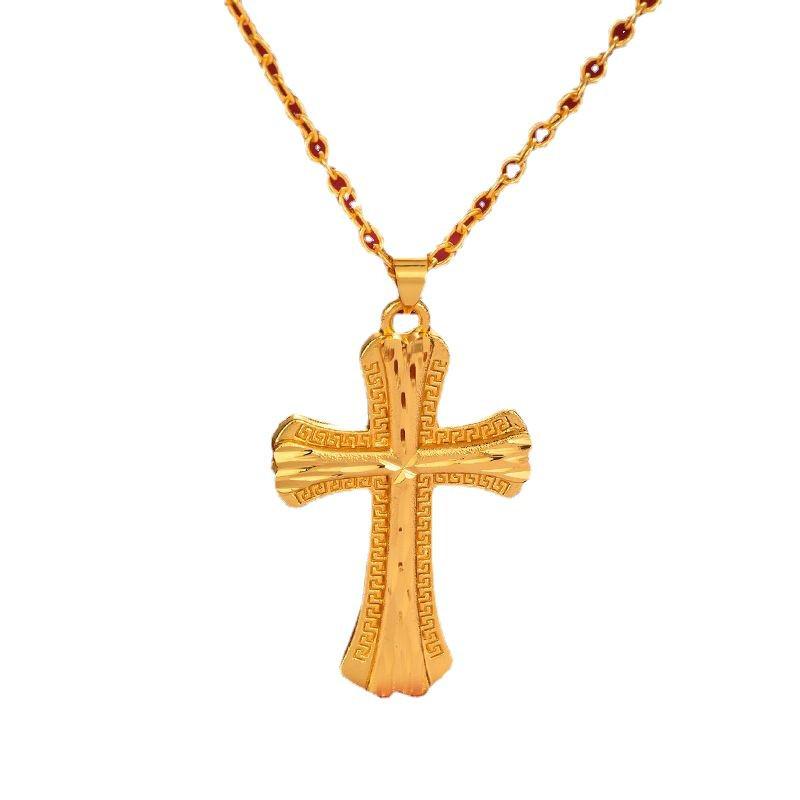Copper-Plated Vietnamese Sand Gold Cross Pendant Necklace - Retro Imitation Gold Design