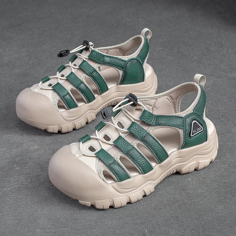 Summer Women's Genuine Leather Roman Sandals Hollow Out Woven Casual Thick Sole Comfortable Walking Shoes