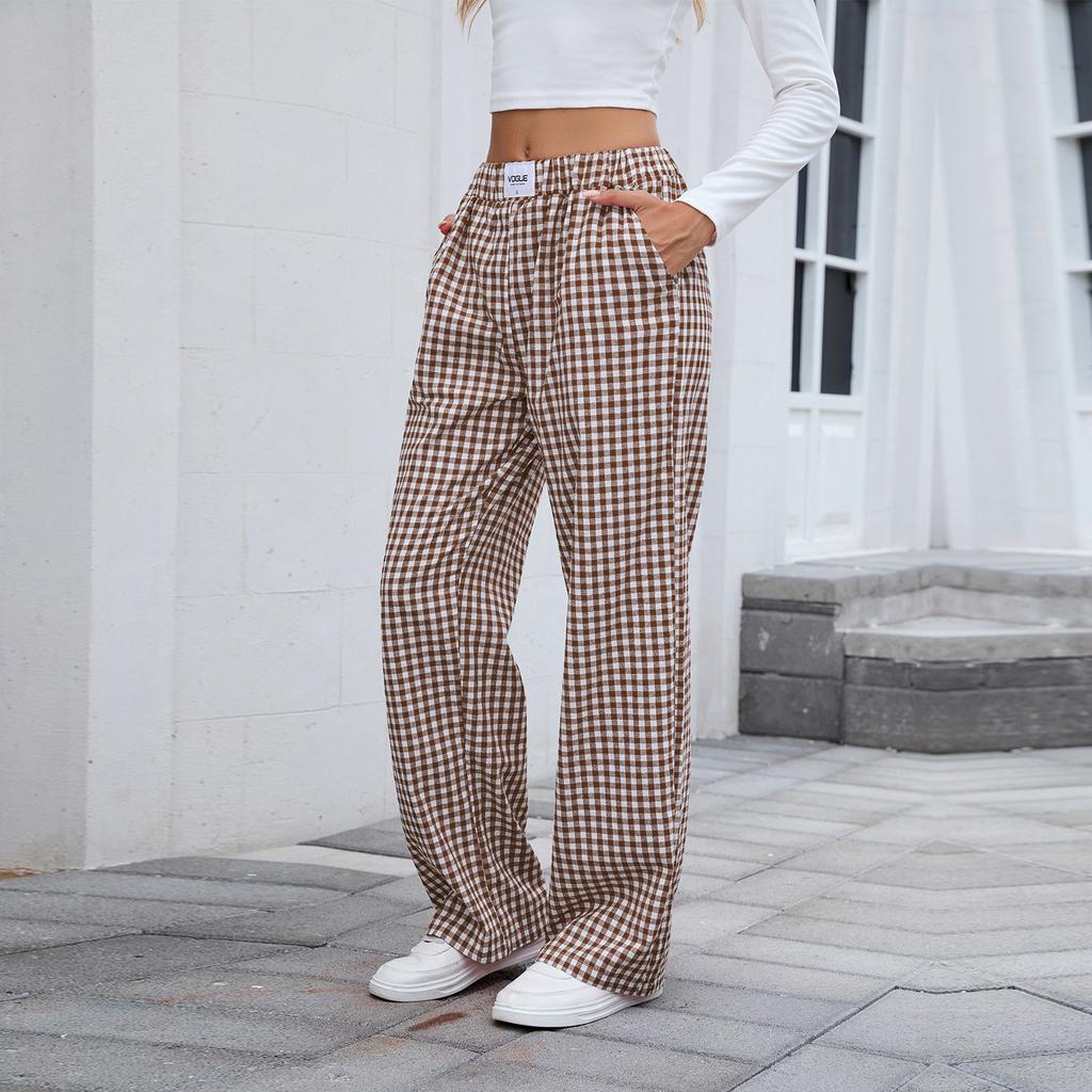 European and American Women's Pure Cotton Plaid Casual Boxer Pants Loose Pocket Trousers