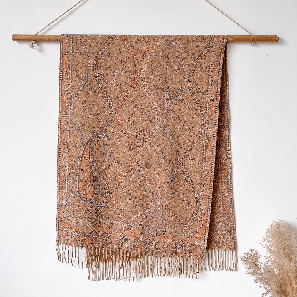 Classic Ethnic Style Popular Cashew Jacquard Fringed Long Scarf Women'S Water Ripple Imitation Cashmere Scarf Going Out Elegant Shawl