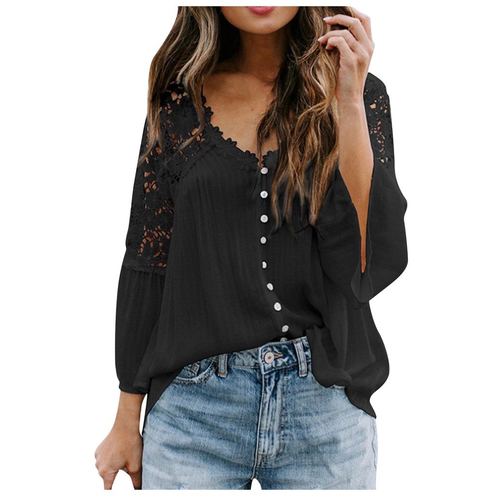 Women's Lace Shirt Women's Long Sleeve Color Deep V Pullover Chiffon Shirt