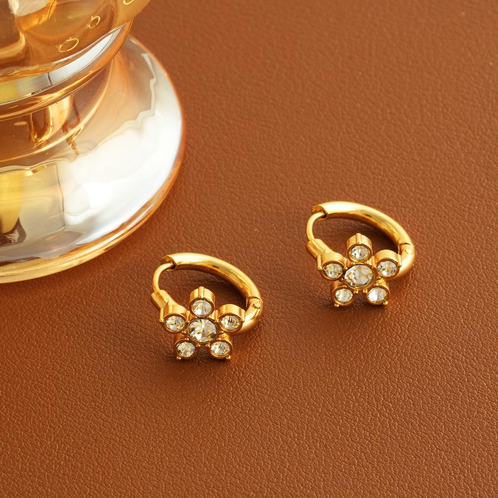 High-End Five-Petal Flower Zirconia Stud Earrings - Stainless Steel, INS Style, Simple & Versatile