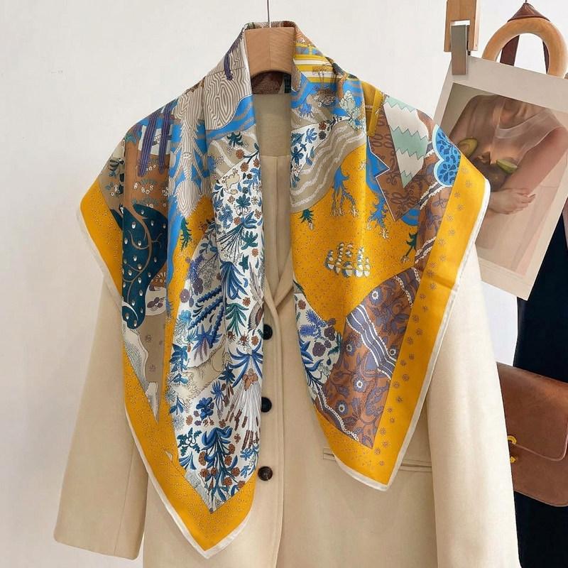 Elegant Chinese style blue magnolia silk large square scarf shawl silk scarf female gift mother mother mother-in-law elders