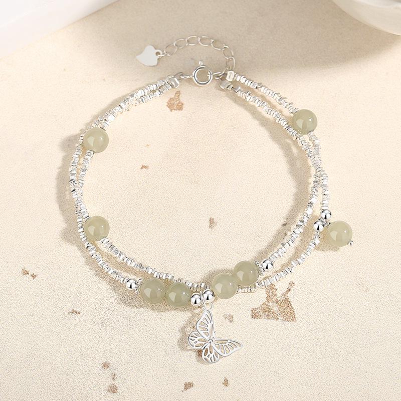Tichiya Silver Butterfly Double-Layer S925 Sterling Jade Bracelet - Light Luxury Chinese Style Accessories for Women 925 Sterling Silver
