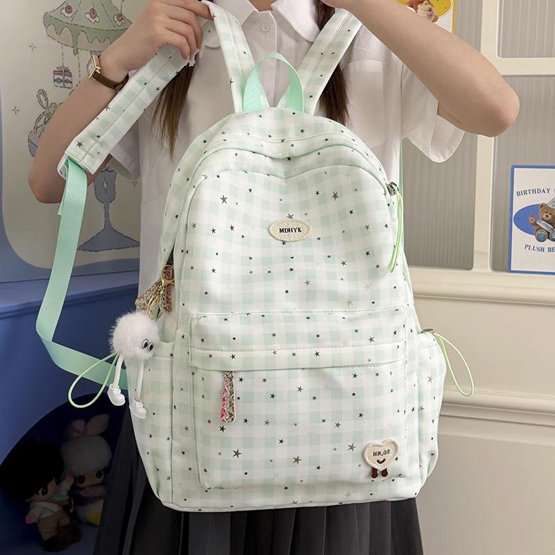 Schoolbag Plaid Backpack Female Middle and High School Students Simple Versatile Fashion Book Cute Stars Lightweight Travel Backpack