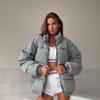 Vintage Curved Moon Print Denim Cotton Jacket with Stand Collar Street Style Warm Outdoor Women's Coat Loose Fall Winter New