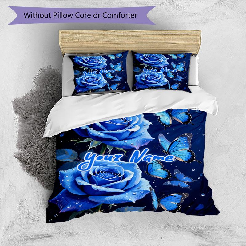 3PC Custom Name Blue Roses Butterflies Bedding Set Duvet Cover Closure Includes 1 Duvet Cover & 2 Pillowcases for Bedroom