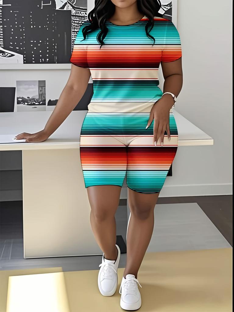 Striped code European and American women's clothing checkered printing T-shirt shorts set sports suit