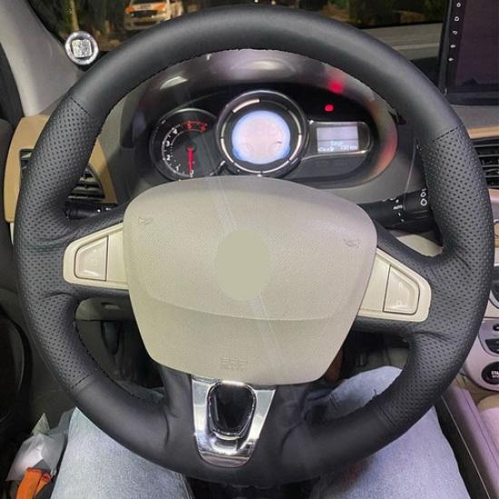 Black Leather Steering Wheel Leather Cover Trim For Renault Kangoo 2 2014-