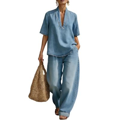 Completo estivo da donna in denim a 2 pezzi, manica corta, con risvolto e scollo a V