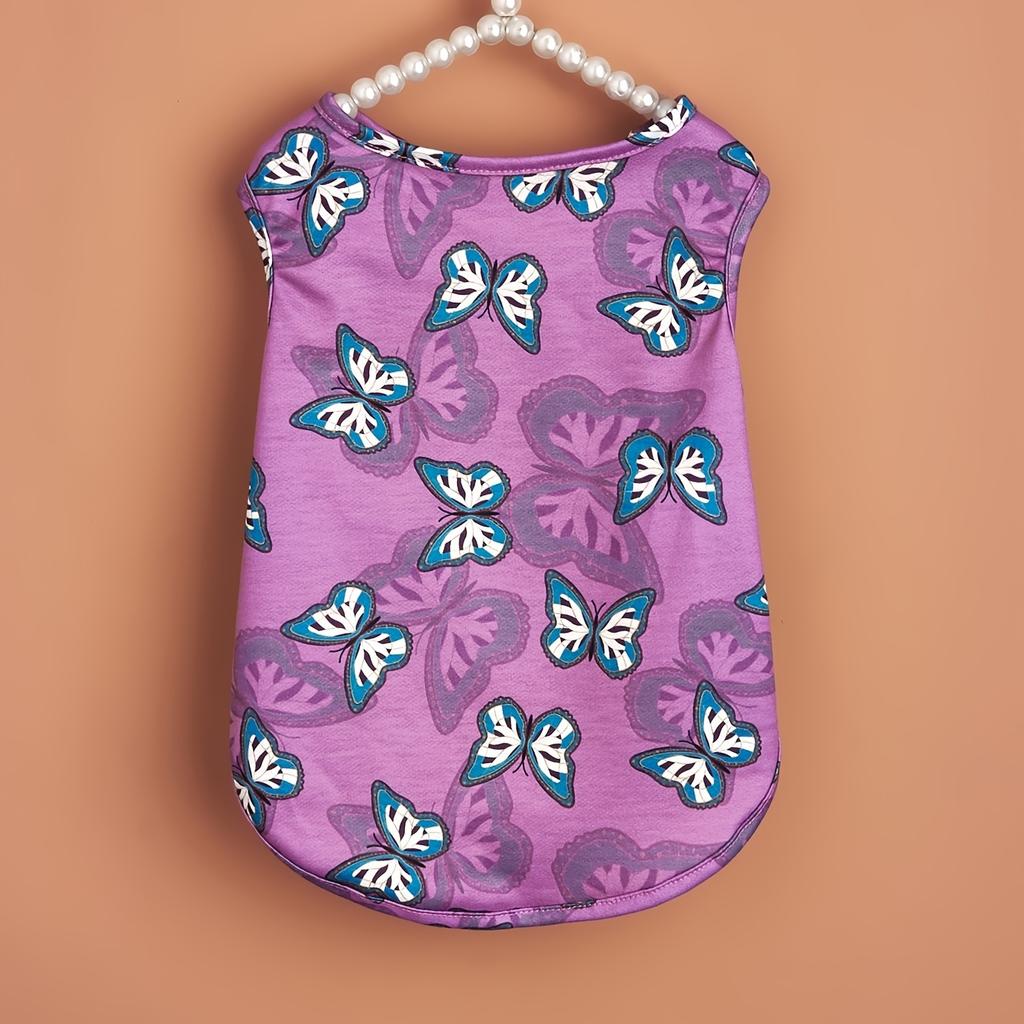 Purple Pet et Vest with Blue Butterfly Prints, Pearl Decorated Pet Clothes, Summer Breathable Small Dog/Cat Cute Sleeveless Top