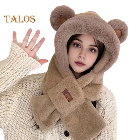 Women Winter Integrated Hat And Scarf Thick Fleece Warm Cartoon Fox Ear Decor Windproof Full Protection Outdoor Travel Cold Weather Snowboarding
