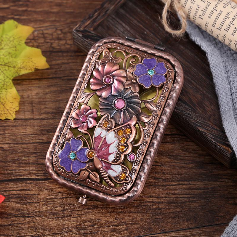Kupfer Retro Doppelseitiger Taschenspiegel - Europäischer Stil Tragbares Faltbares Make-up-Accessoire für Frauen