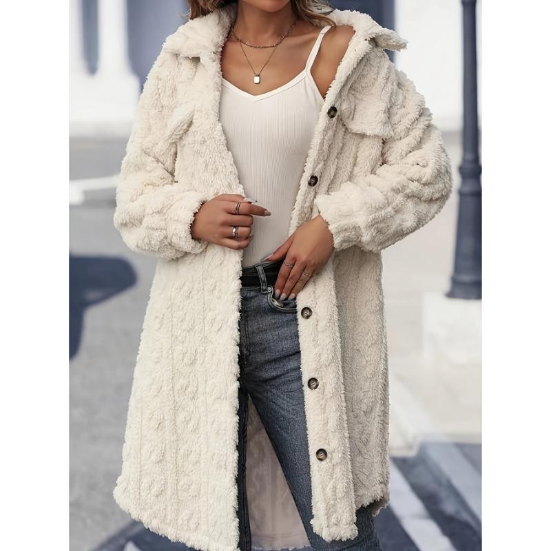 Women Turn Down Collar Button Front Long Double Fleece Casual Coat