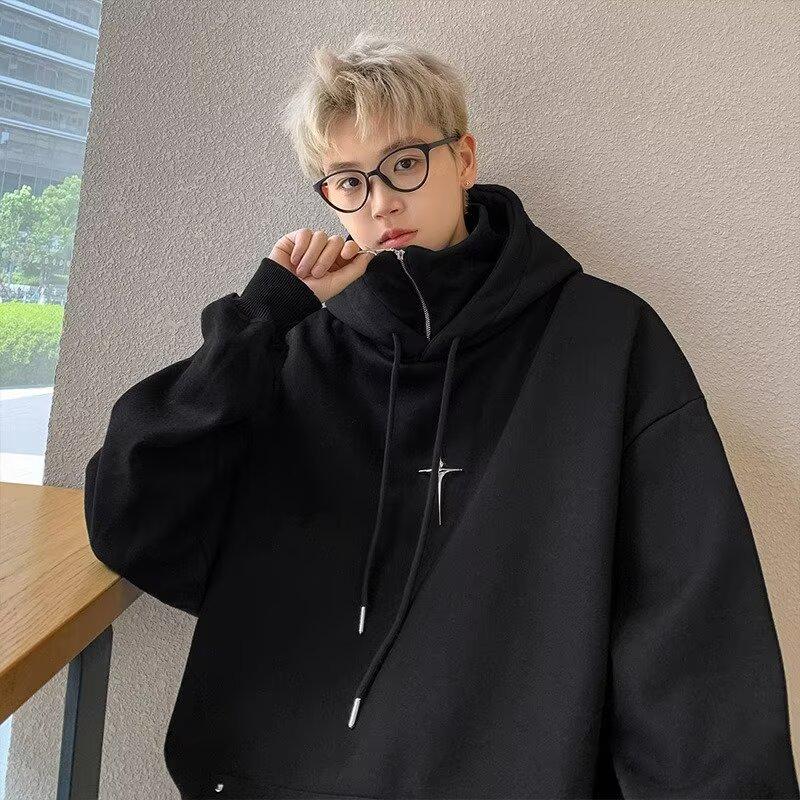 Men's Winter Thick Velvet High-Neck Oversized Hoodie - Trendy American Style