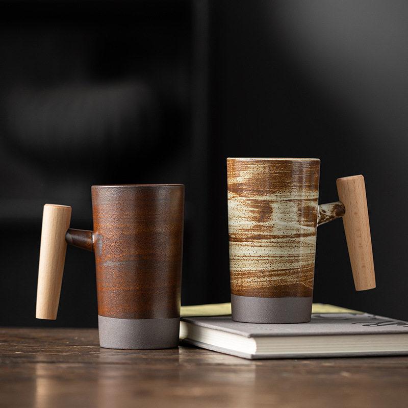 Ceramic Mug Wooden Handle Coffee Cup Vintage Kiln Variation Pottery Large Capacity Tea Water Cup for Home Office Kitchen