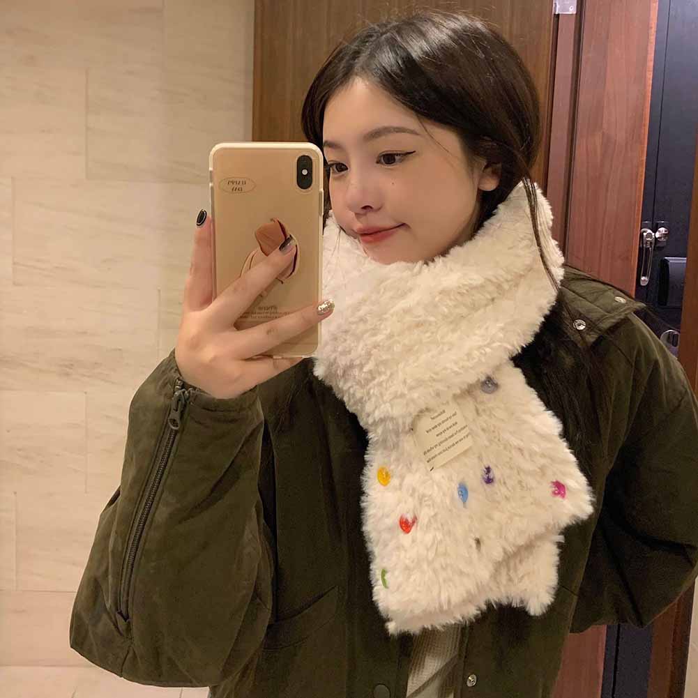 

Women Fashion Button Plush Scarf Shawl Warm Thickening Neck Warmer Winter Cute Scarf For Girls White #1