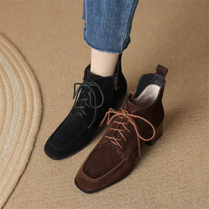 Fashion New Autumn Winter Sheep Suede Women Shoes Square Toe Retro Lace Up Short Boots for Women Chunky Heel High Heel Women Boots