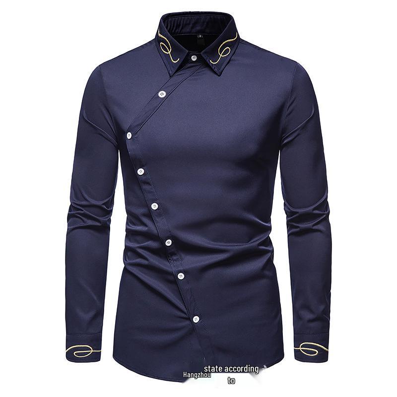 

Европейская ажурная асимметричная вышитая мужская рубашка с длинным рукавом в западном стиле Small темно-синий