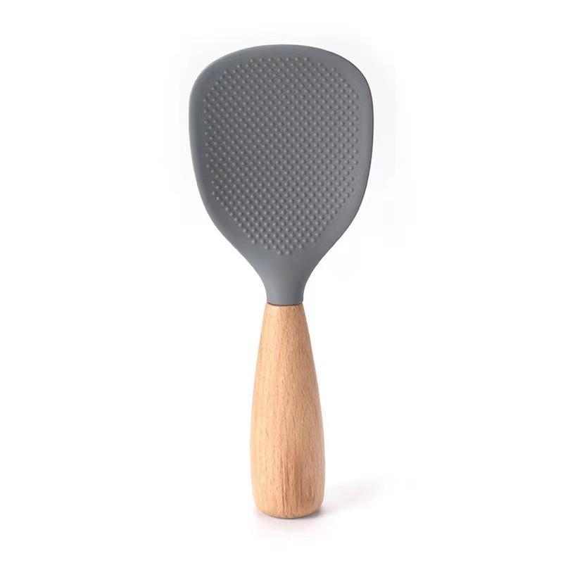 Silicone & Wood Non-Slip Heat Resistant Rice Serving Spoon Oak Handle Rice Spoon [Gray]