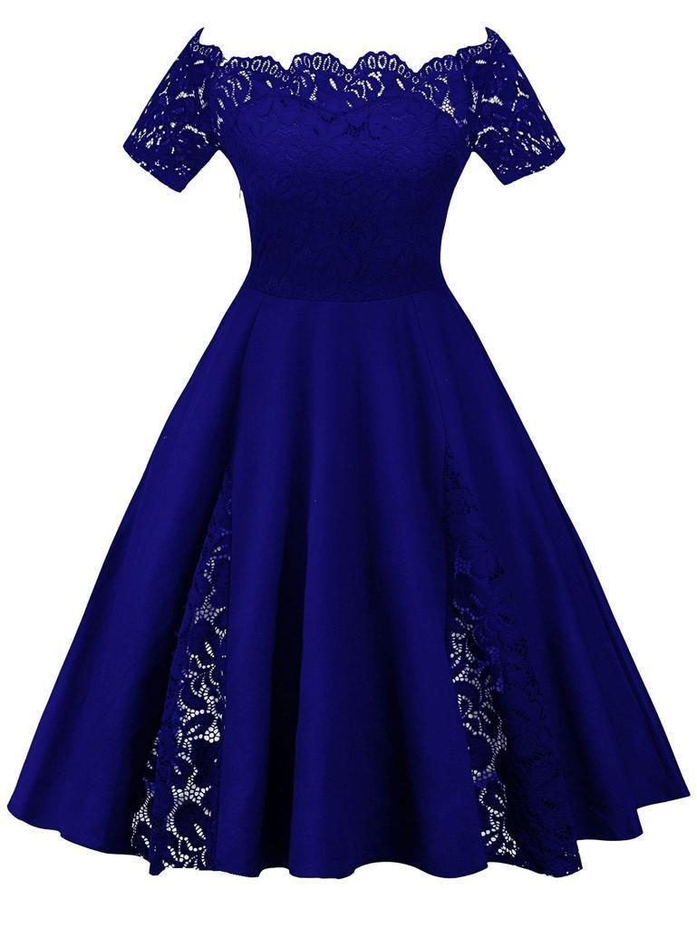 Elegant Plus Size Lace Dress With Off Panel Shoulder Design And High Waist Silhouette For Sophisticated Occasions