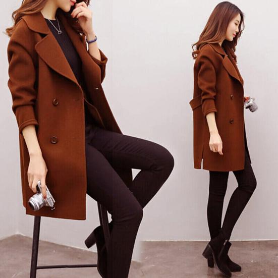 Women Autumn Winter Solid Color Lapel Double-breasted Midi Coat Woolen Outwear